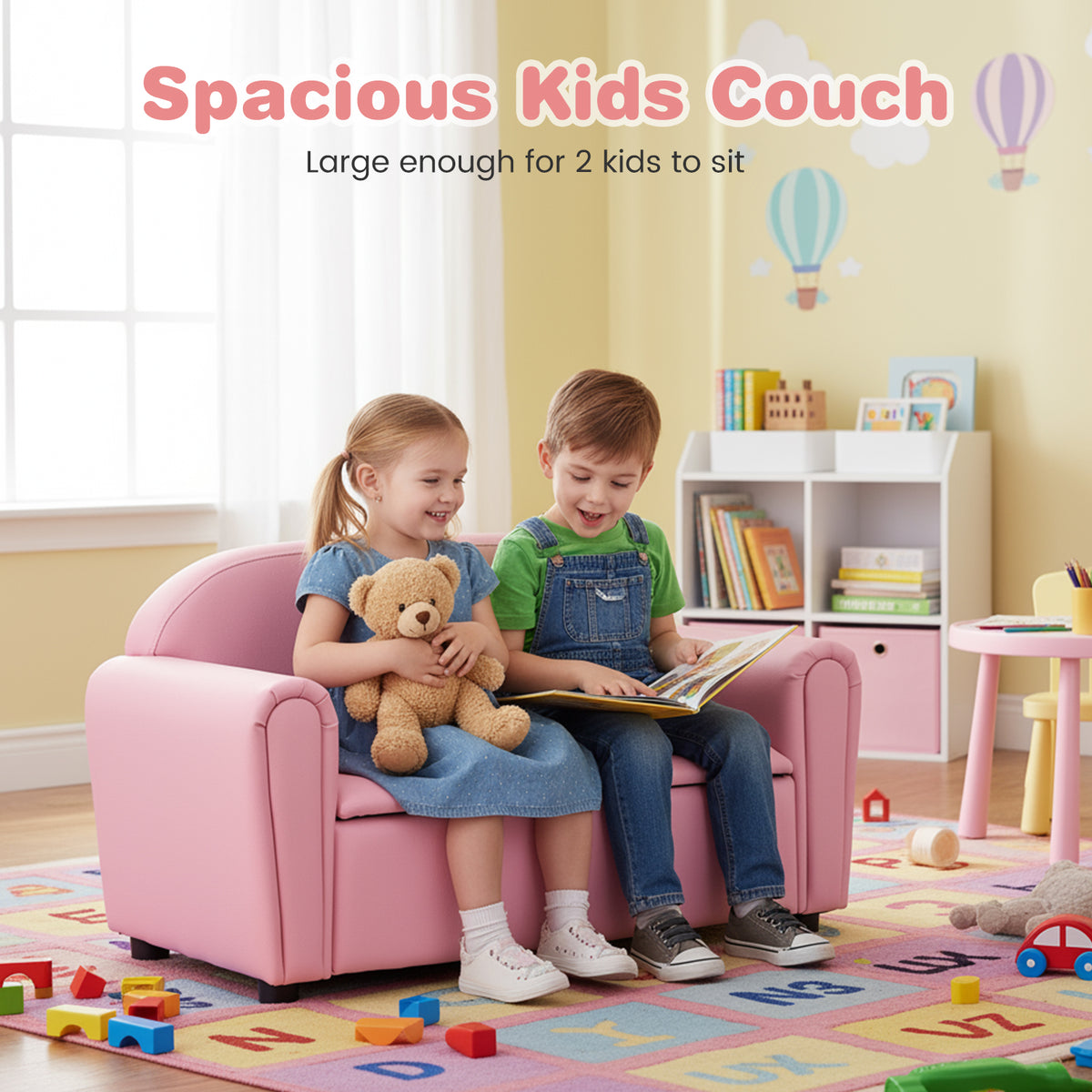 Kids 2-Seat Sofa Armrest Chair with Storage - Pink, Durable & Comfortable