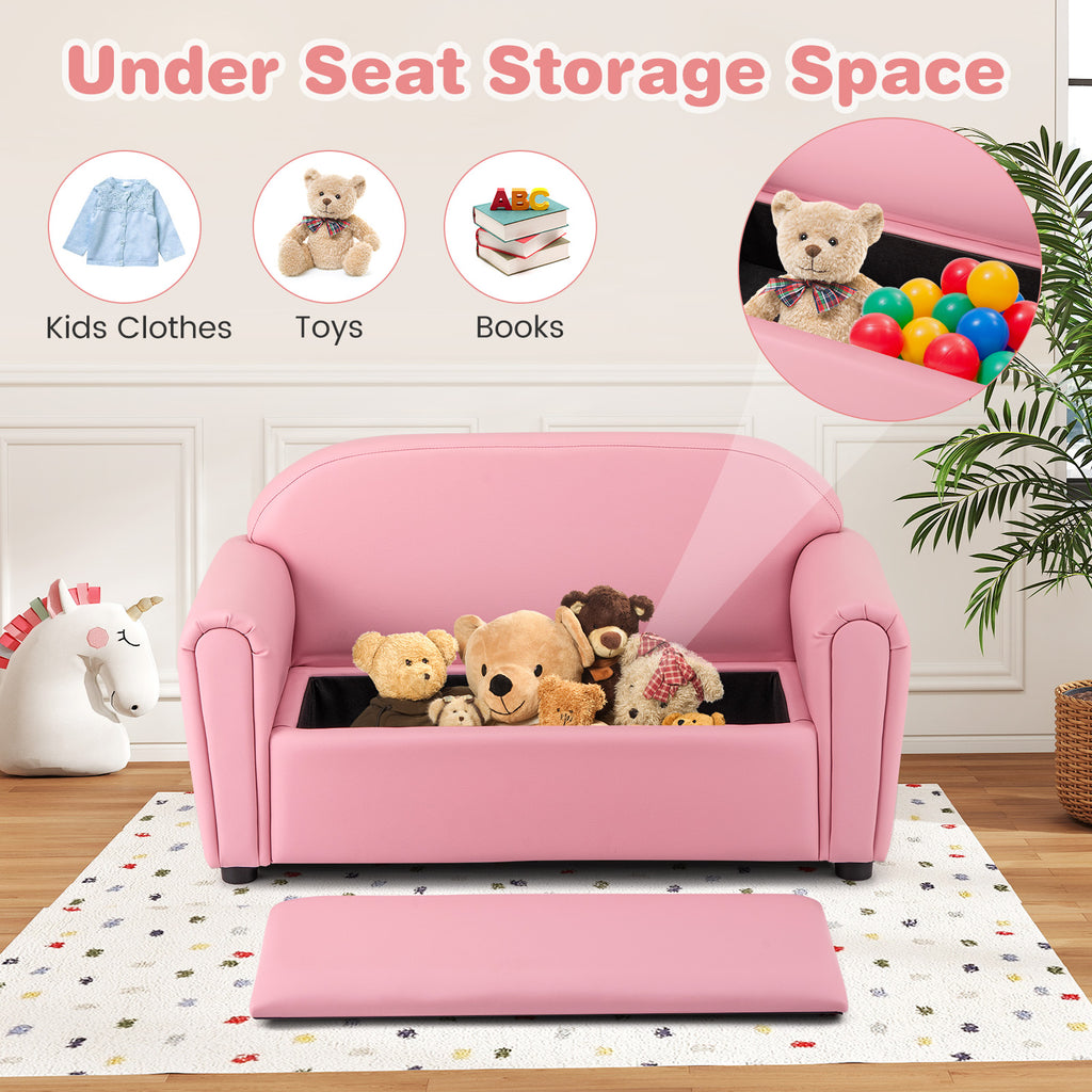 Kids 2-Seat Sofa Armrest Chair with Storage - Pink, Durable & Comfortable