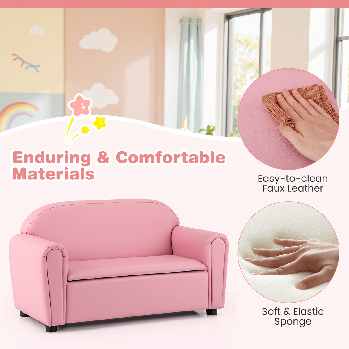 Kids 2-Seat Sofa Armrest Chair with Storage - Pink, Durable & Comfortable