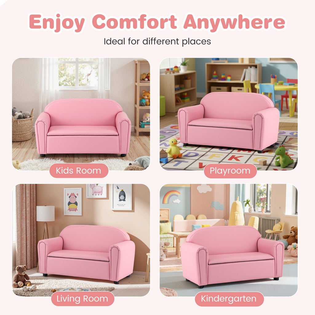 Kids 2-Seat Sofa Armrest Chair with Storage - Pink, Durable & Comfortable