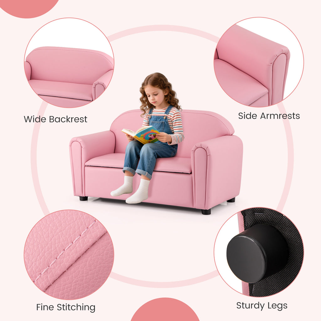 Kids 2-Seat Sofa Armrest Chair with Storage - Pink, Durable & Comfortable