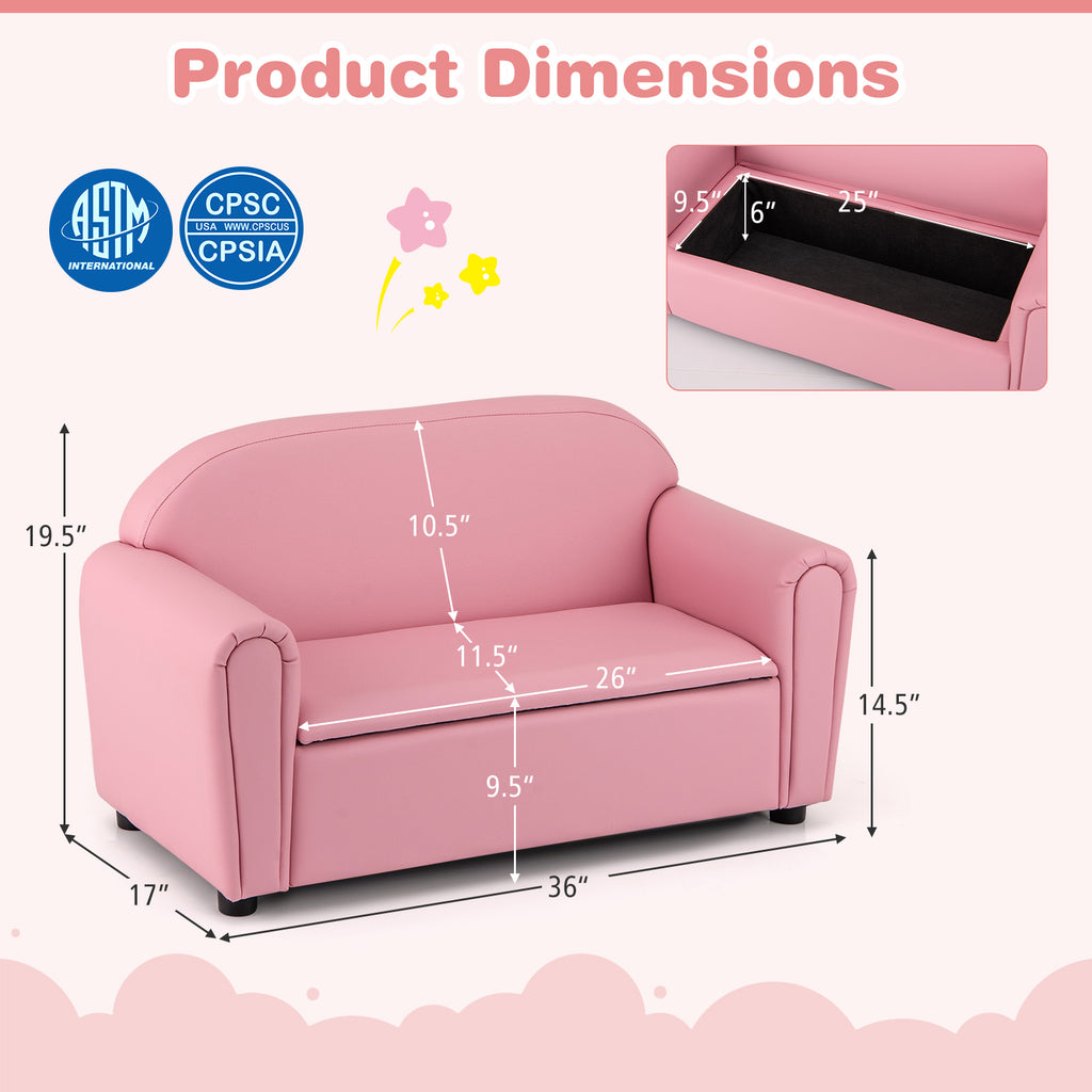 Kids 2-Seat Sofa Armrest Chair with Storage - Pink, Durable & Comfortable
