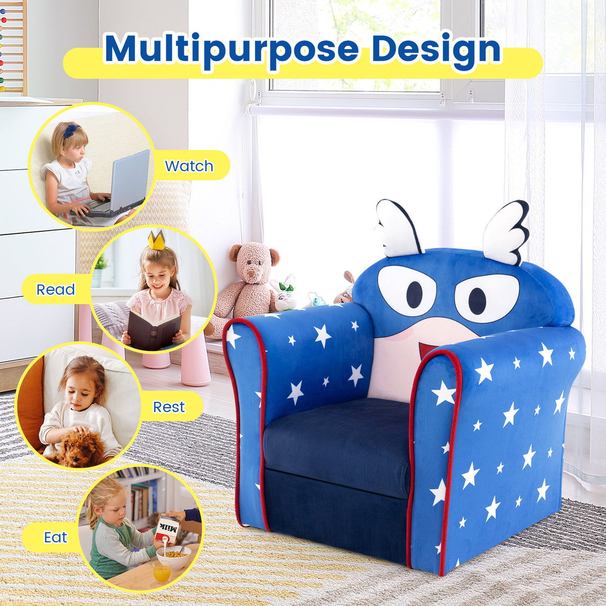 Kids Sofa with Armrest & Thick Cushion - Blue, Childrens Toddler Seat