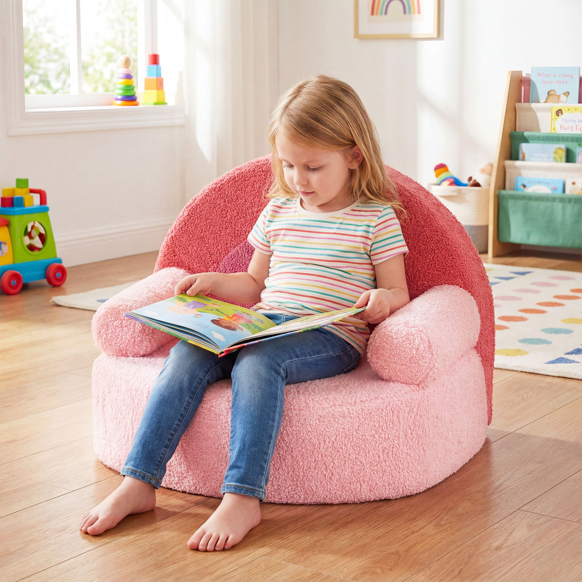 Kids Rainbow Foam Couch - Toddler Soft Fleece Sofa with Support & Storage