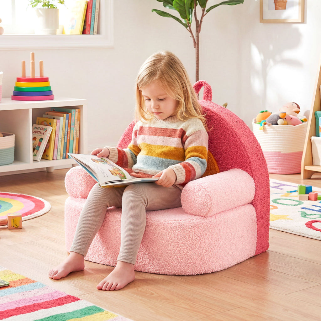 Kids Rainbow Foam Couch - Toddler Sofa with Soft Fleece Cover, Red Variation
