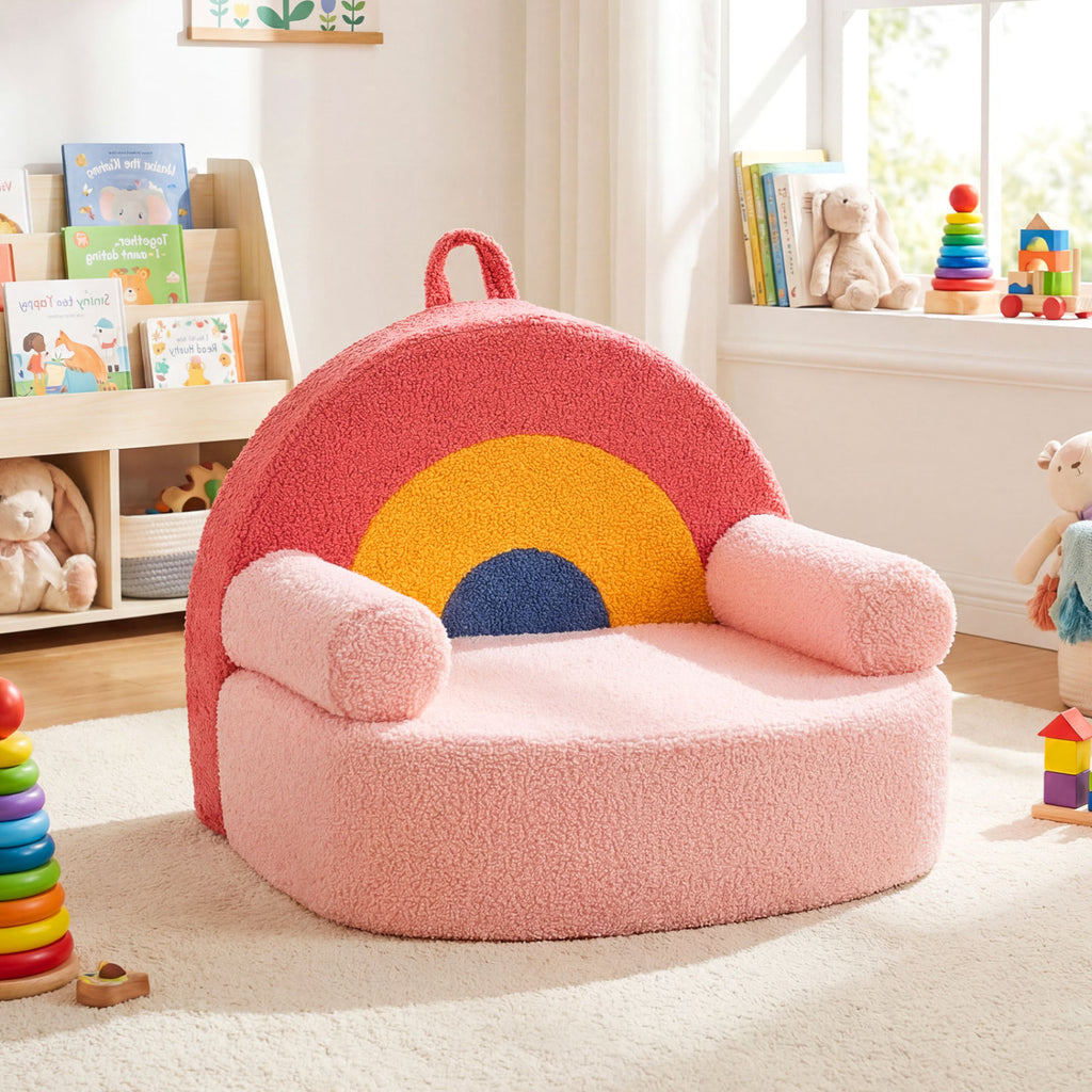 Kids Rainbow Foam Couch - Toddler Sofa with Soft Fleece Cover, Red Variation