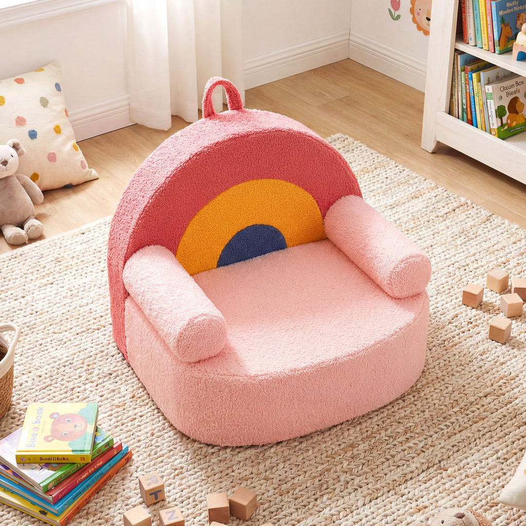 Kids Rainbow Foam Couch - Toddler Sofa with Soft Fleece Cover, Red Variation