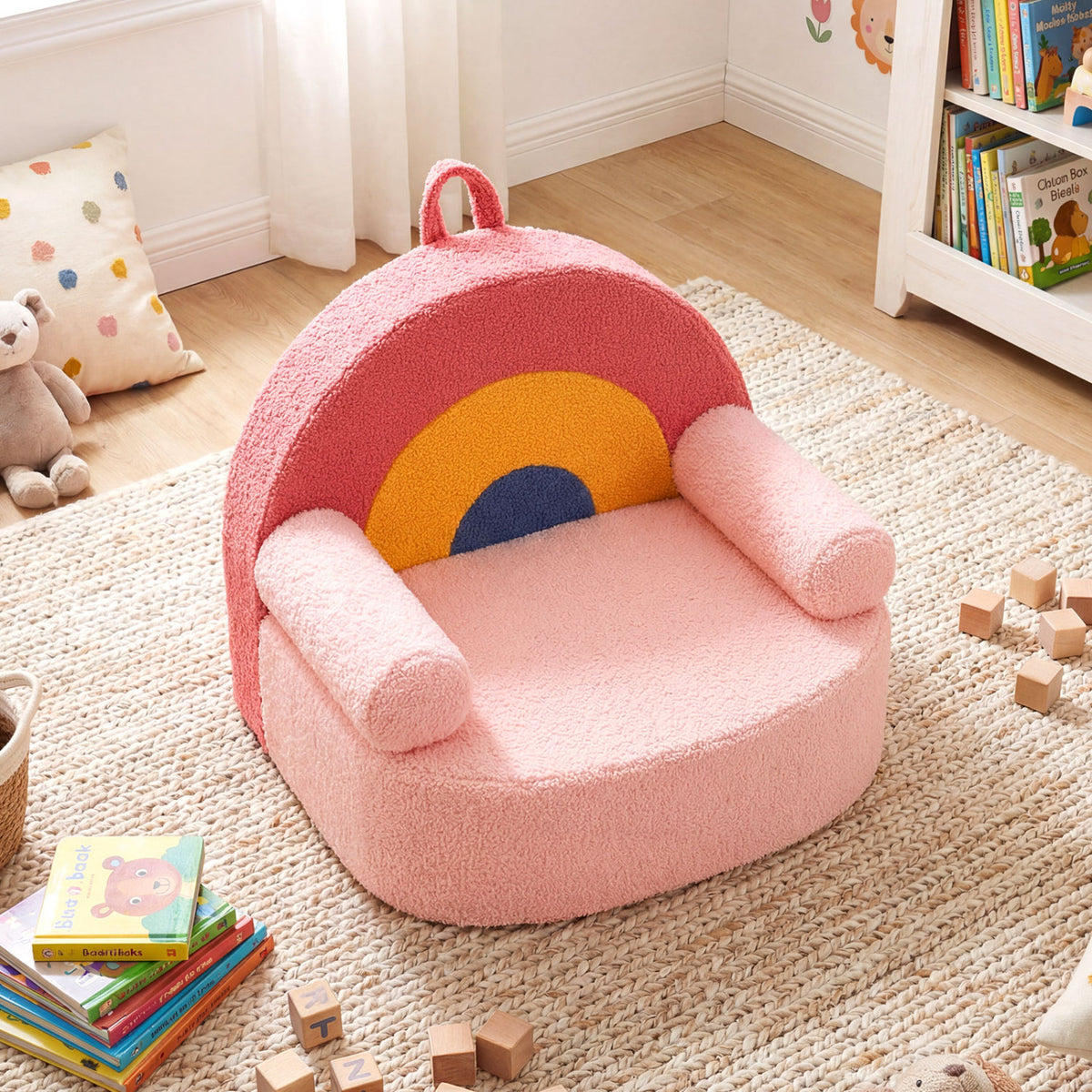 Kids Rainbow Foam Couch - Toddler Sofa with Soft Fleece Cover, Red Variation