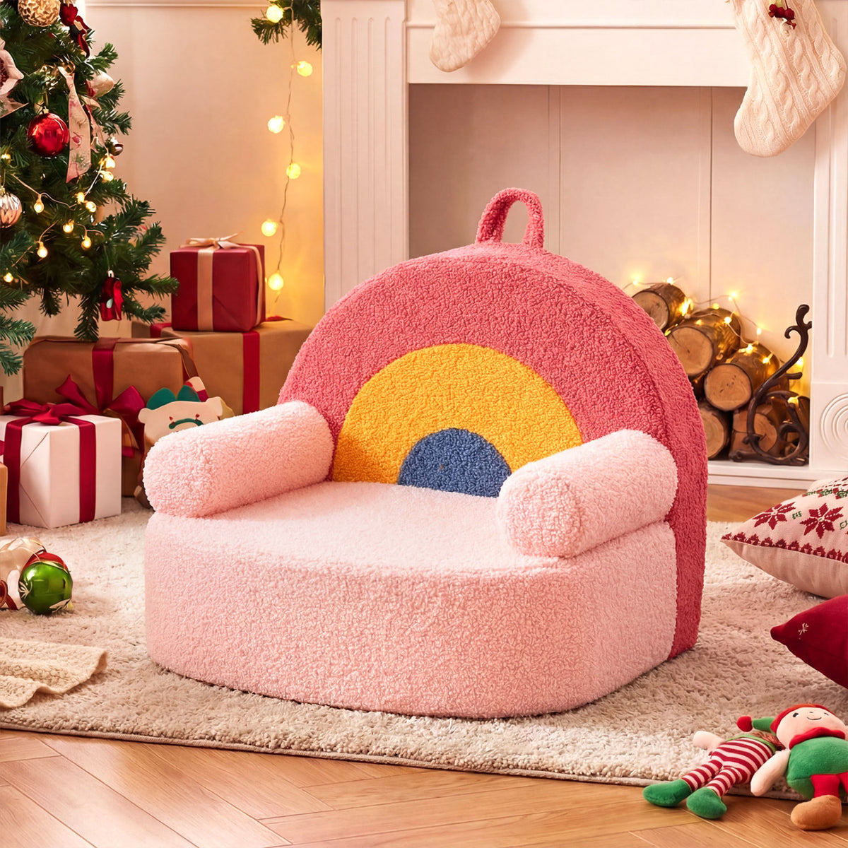 Kids Rainbow Foam Couch - Toddler Sofa with Soft Fleece Cover, Red Variation