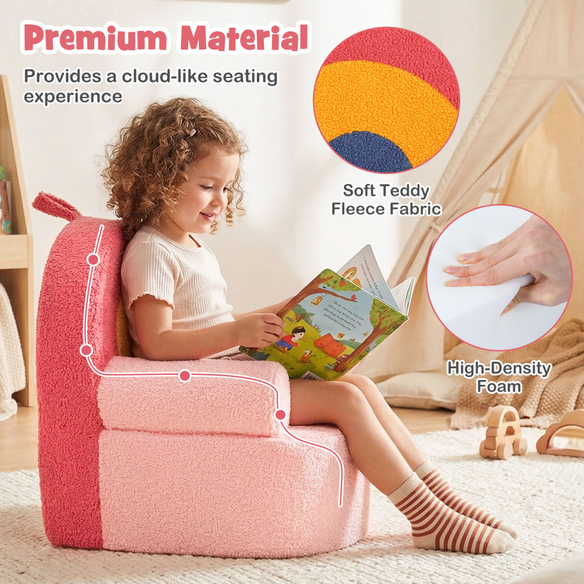 Kids Rainbow Foam Couch - Toddler Sofa with Soft Fleece Cover, Red Variation