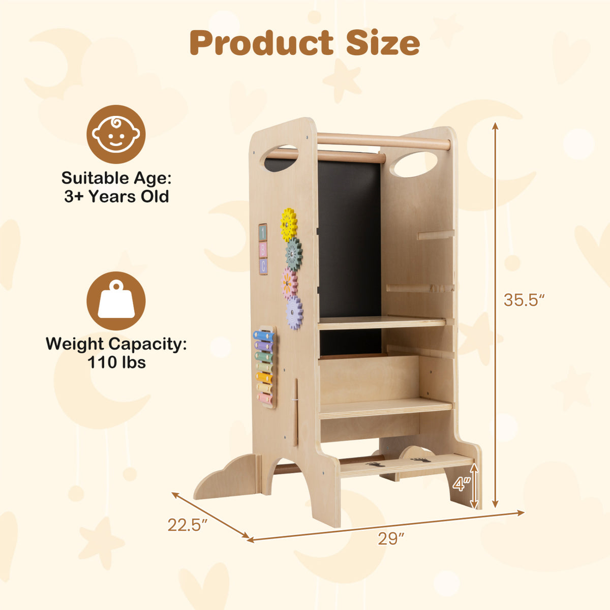 Kids Standing Tower with Detachable Chalkboard and Montessori Games - 7 Variations