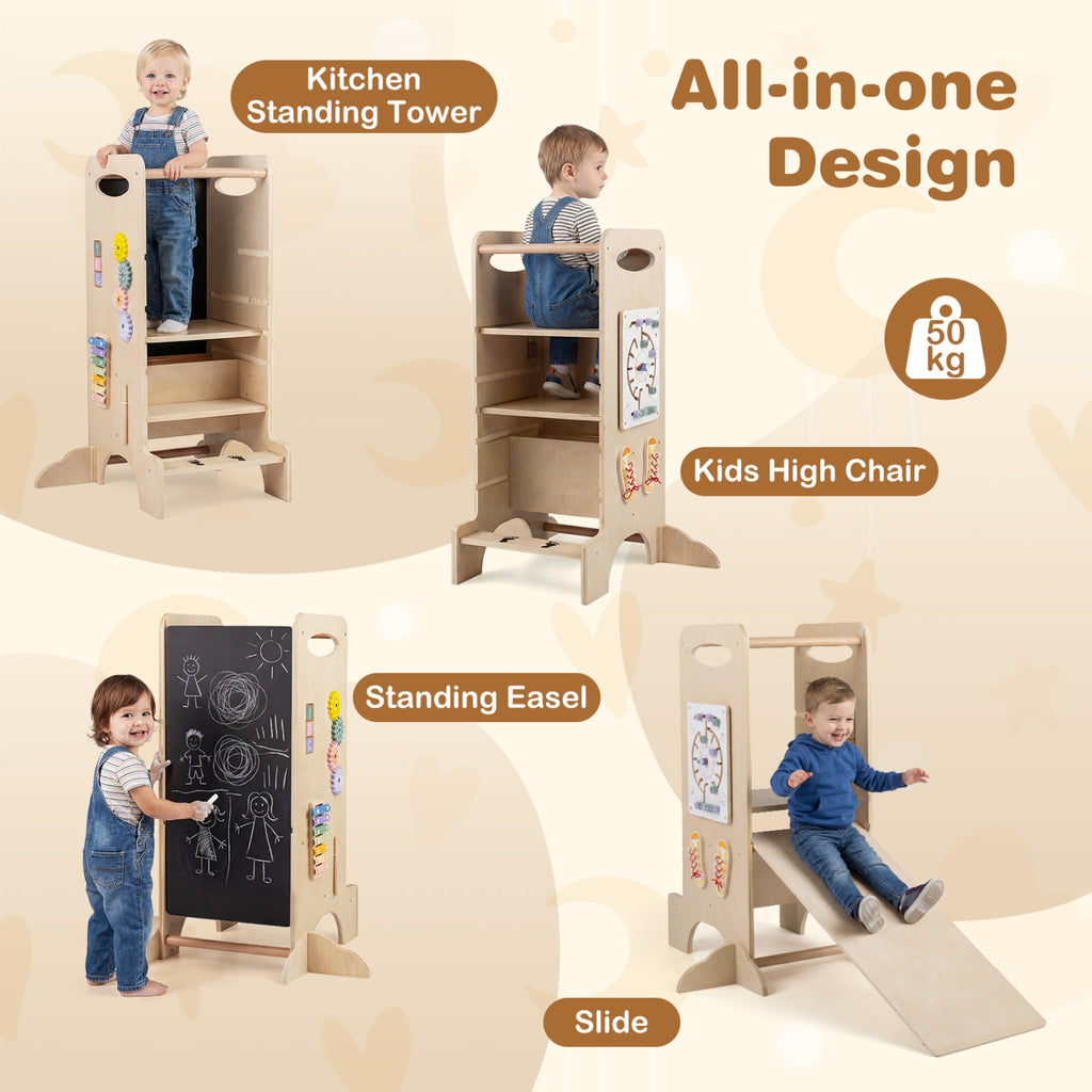 Kids Standing Tower with Detachable Chalkboard and Montessori Games - 7 Variations