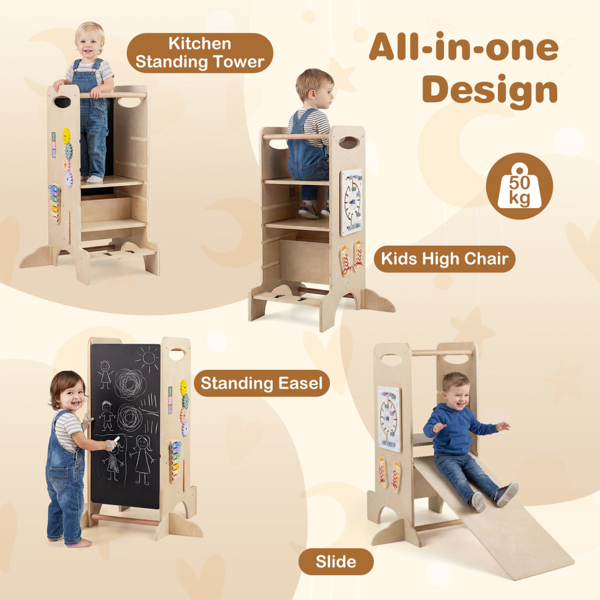 Kids Standing Tower with Detachable Chalkboard and Montessori Games - 7 Variations
