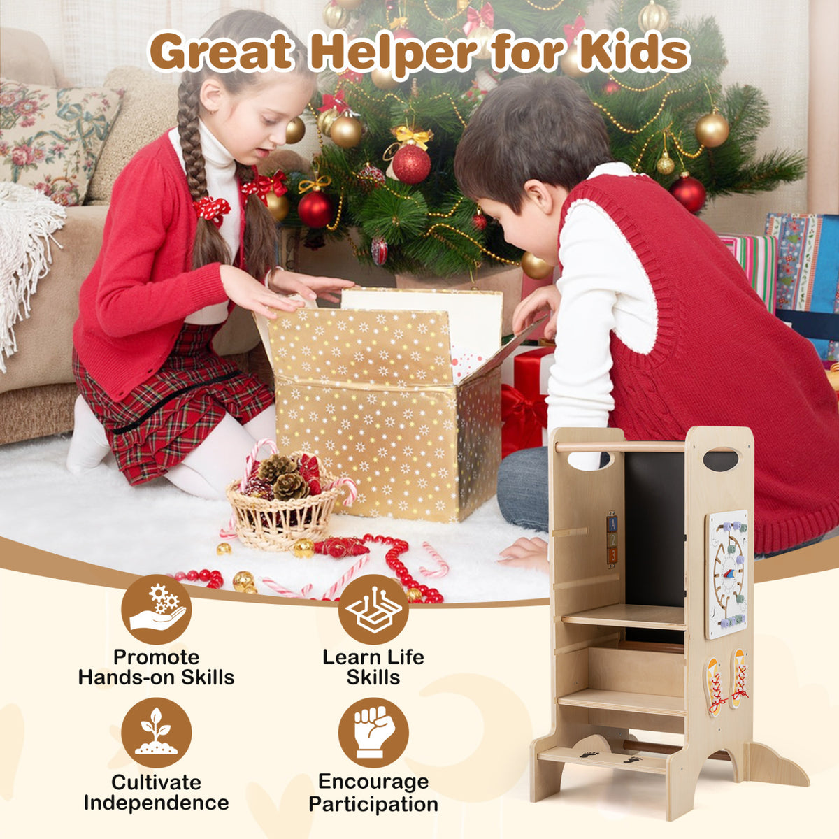 Kids Standing Tower with Detachable Chalkboard and Montessori Games - 7 Variations