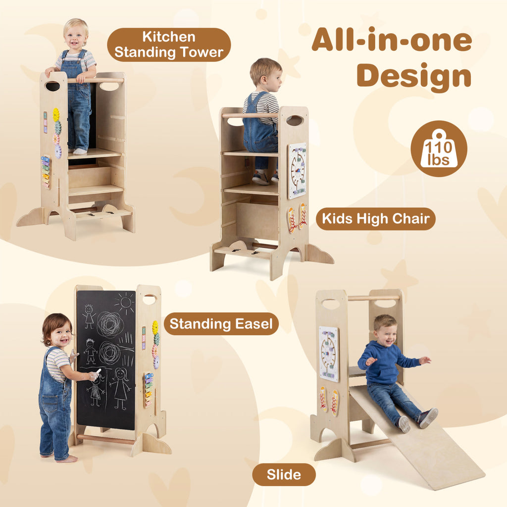 Kids Standing Tower with Detachable Chalkboard and Montessori Games - 7 Variations