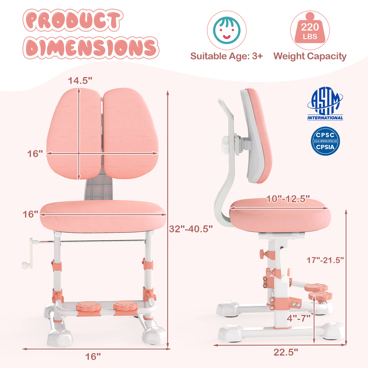 Kids Study Chair with Adjustable Double Backrest & Footrest - Pink, Stepless Height