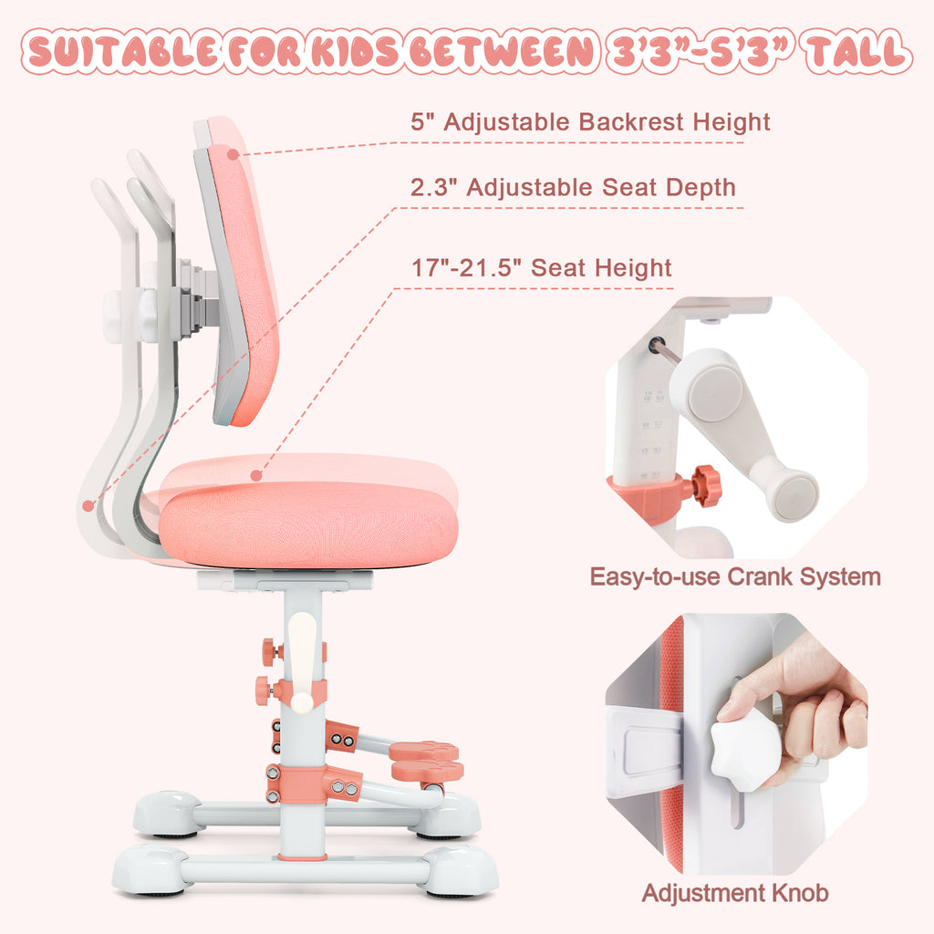 Kids Study Chair with Adjustable Double Backrest & Footrest - Pink, Stepless Height