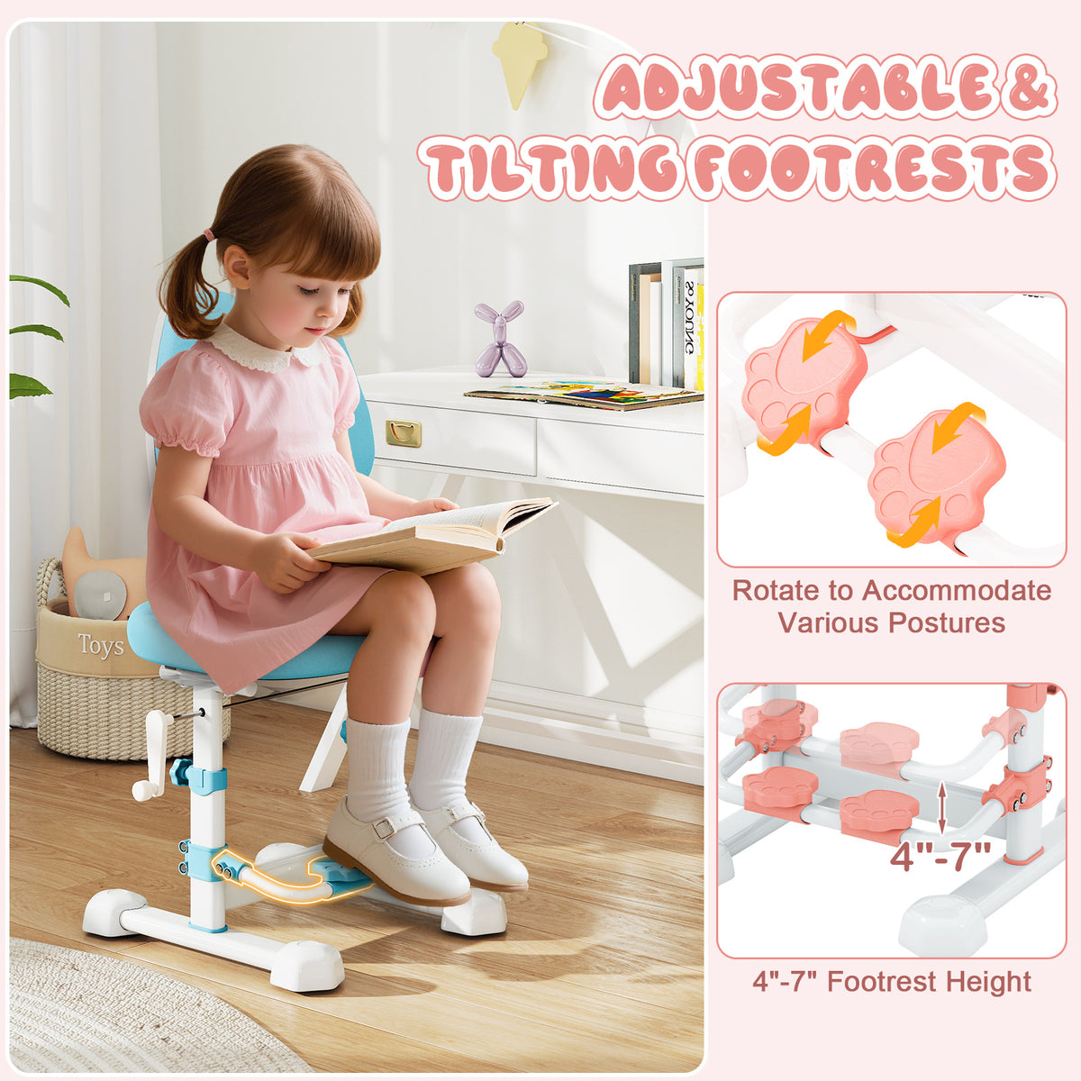 Kids Study Chair with Adjustable Double Backrest & Footrest - Pink, Stepless Height