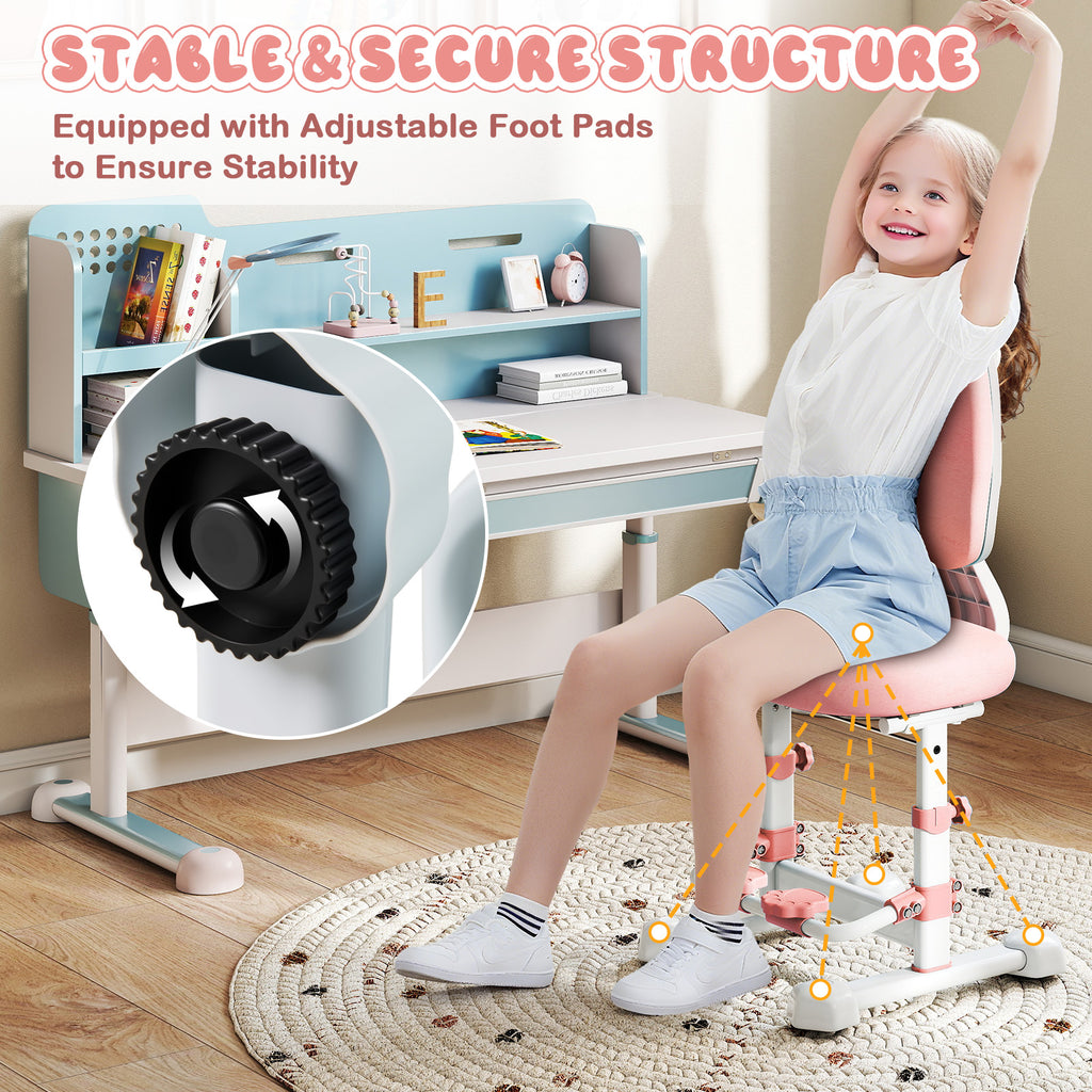 Kids Study Chair with Adjustable Double Backrest & Footrest - Pink, Stepless Height