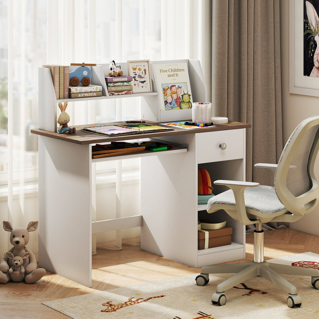 Kids Study Desk with Hutch and Light Gray Finish - Children's Writing Table with Drawer Shelves and Keyboard Tray