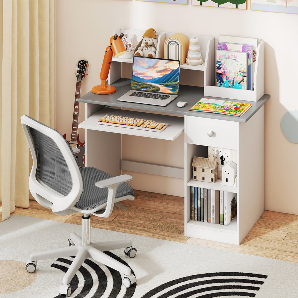 Kids Study Desk with Hutch and Light Gray Finish - Children's Writing Table with Drawer Shelves and Keyboard Tray