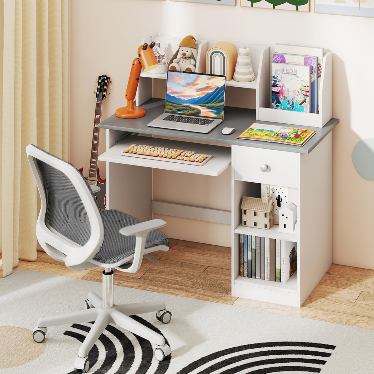 Kids Study Desk with Hutch and Light Gray Finish - Children's Writing Table with Drawer Shelves and Keyboard Tray