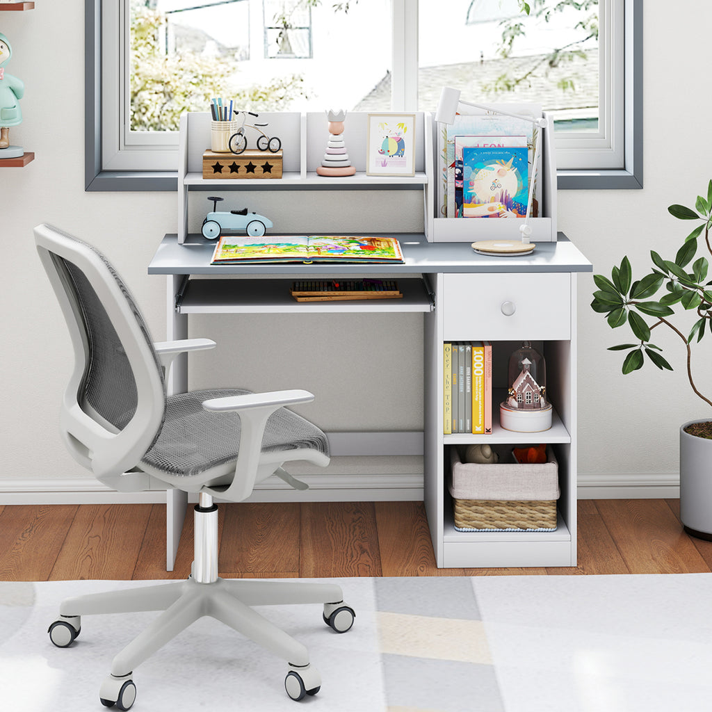 Kids Study Desk with Hutch and Light Gray Finish - Children's Writing Table with Drawer Shelves and Keyboard Tray