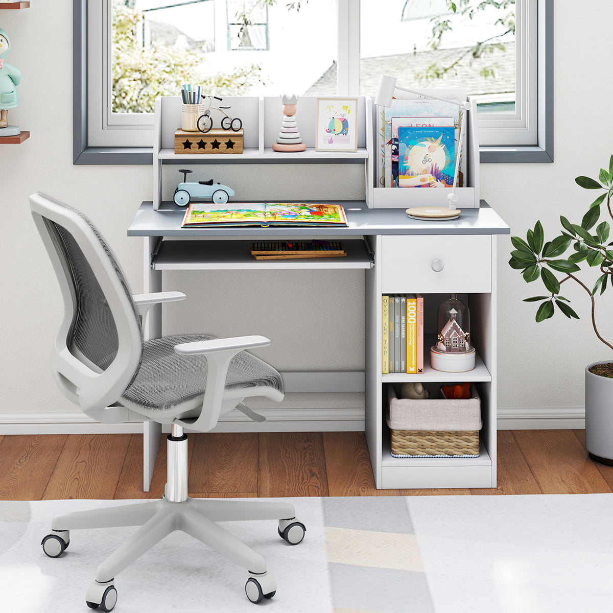 Kids Study Desk with Hutch and Light Gray Finish - Children's Writing Table with Drawer Shelves and Keyboard Tray