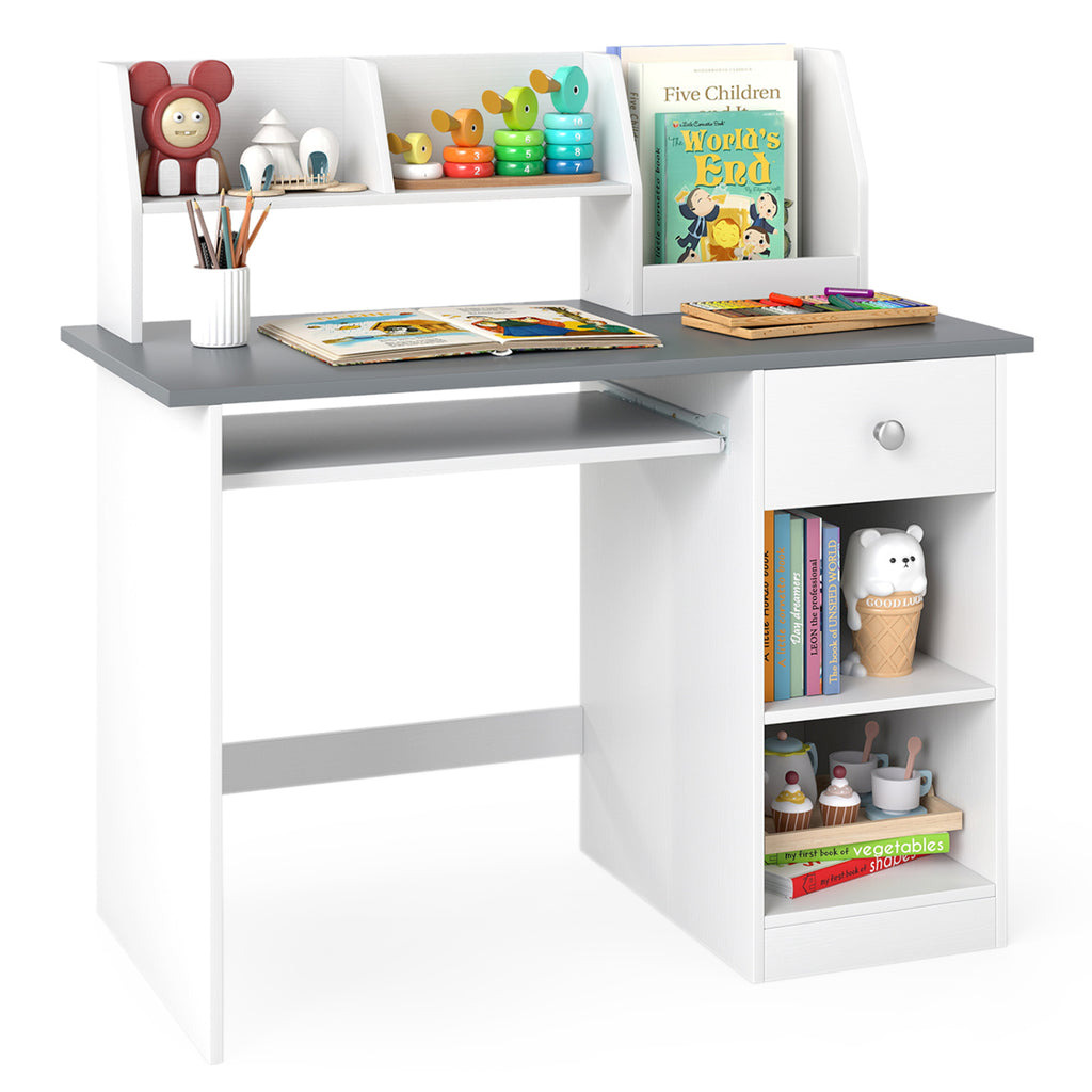Kids Study Desk with Hutch and Light Gray Finish - Children's Writing Table with Drawer Shelves and Keyboard Tray