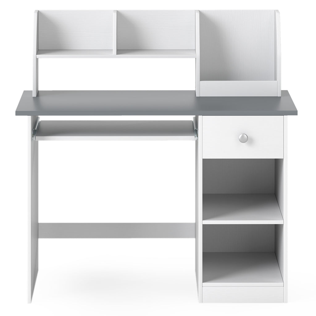 Kids Study Desk with Hutch and Light Gray Finish - Children's Writing Table with Drawer Shelves and Keyboard Tray