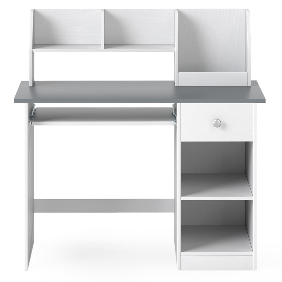 Kids Study Desk with Hutch and Light Gray Finish - Children's Writing Table with Drawer Shelves and Keyboard Tray