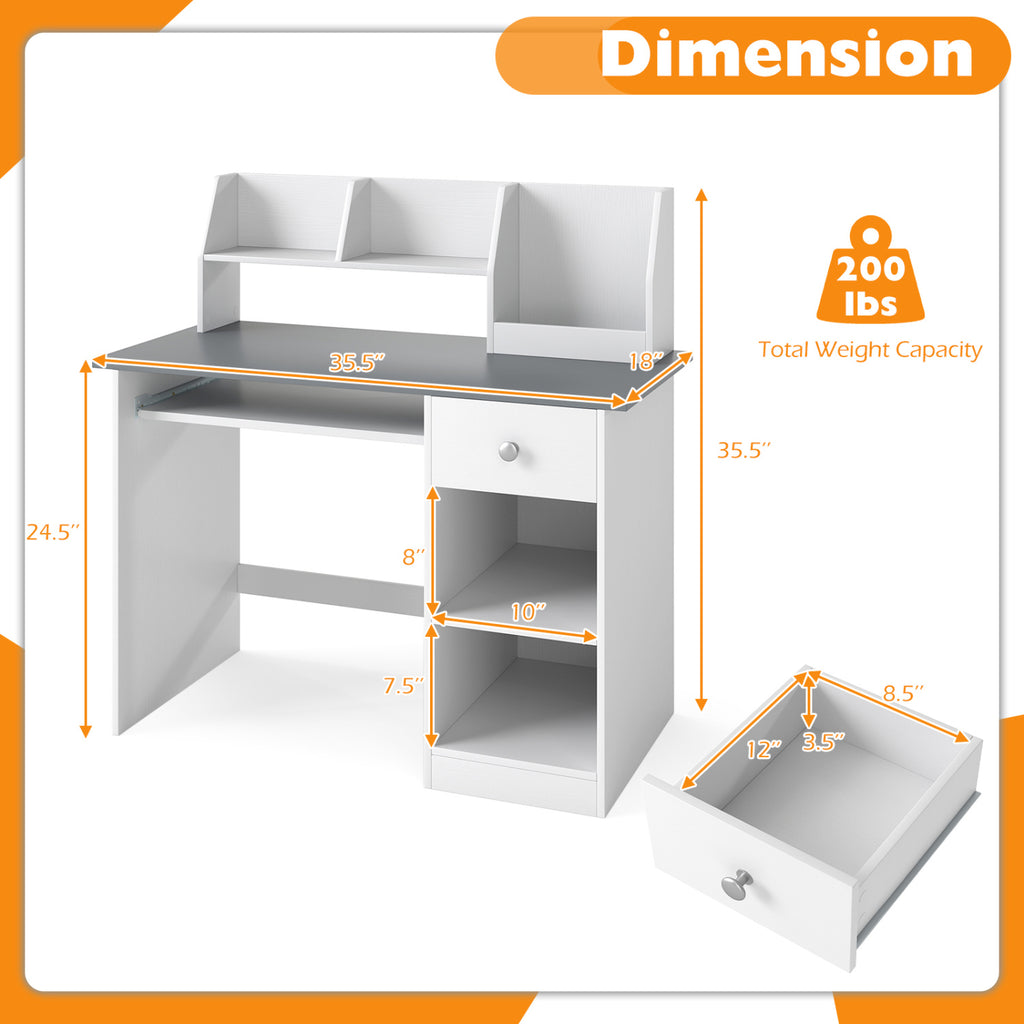 Kids Study Desk with Hutch and Light Gray Finish - Children's Writing Table with Drawer Shelves and Keyboard Tray