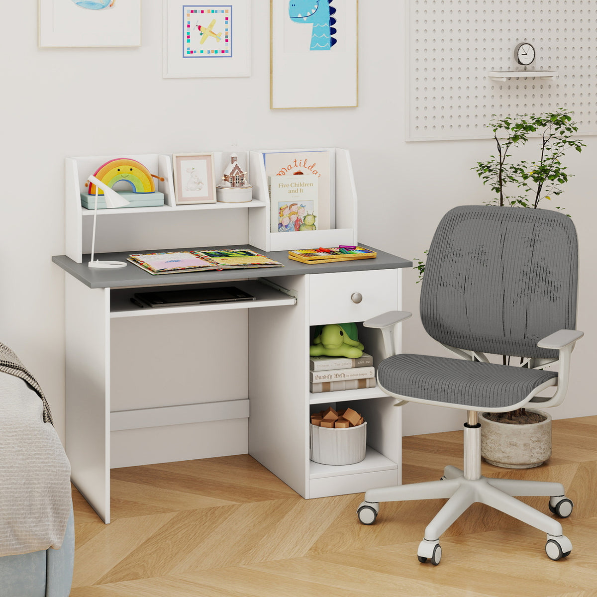 Kids Study Desk with Hutch and Light Gray Finish - Children's Writing Table with Drawer Shelves and Keyboard Tray