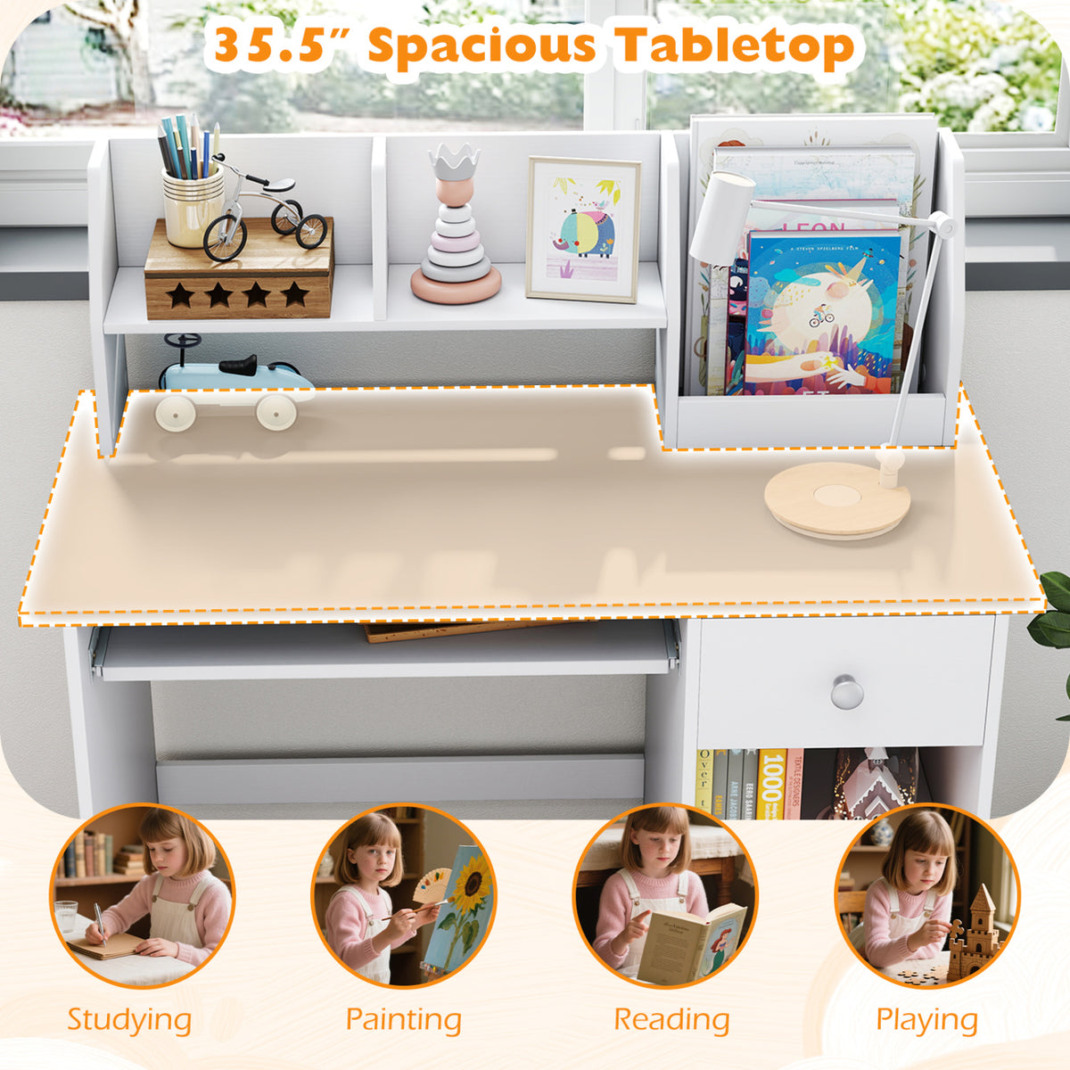 Kids Study Desk with Hutch and Light Gray Finish - Children's Writing Table with Drawer Shelves and Keyboard Tray