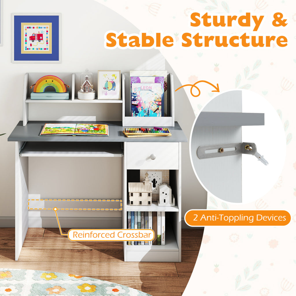 Kids Study Desk with Hutch and Light Gray Finish - Children's Writing Table with Drawer Shelves and Keyboard Tray