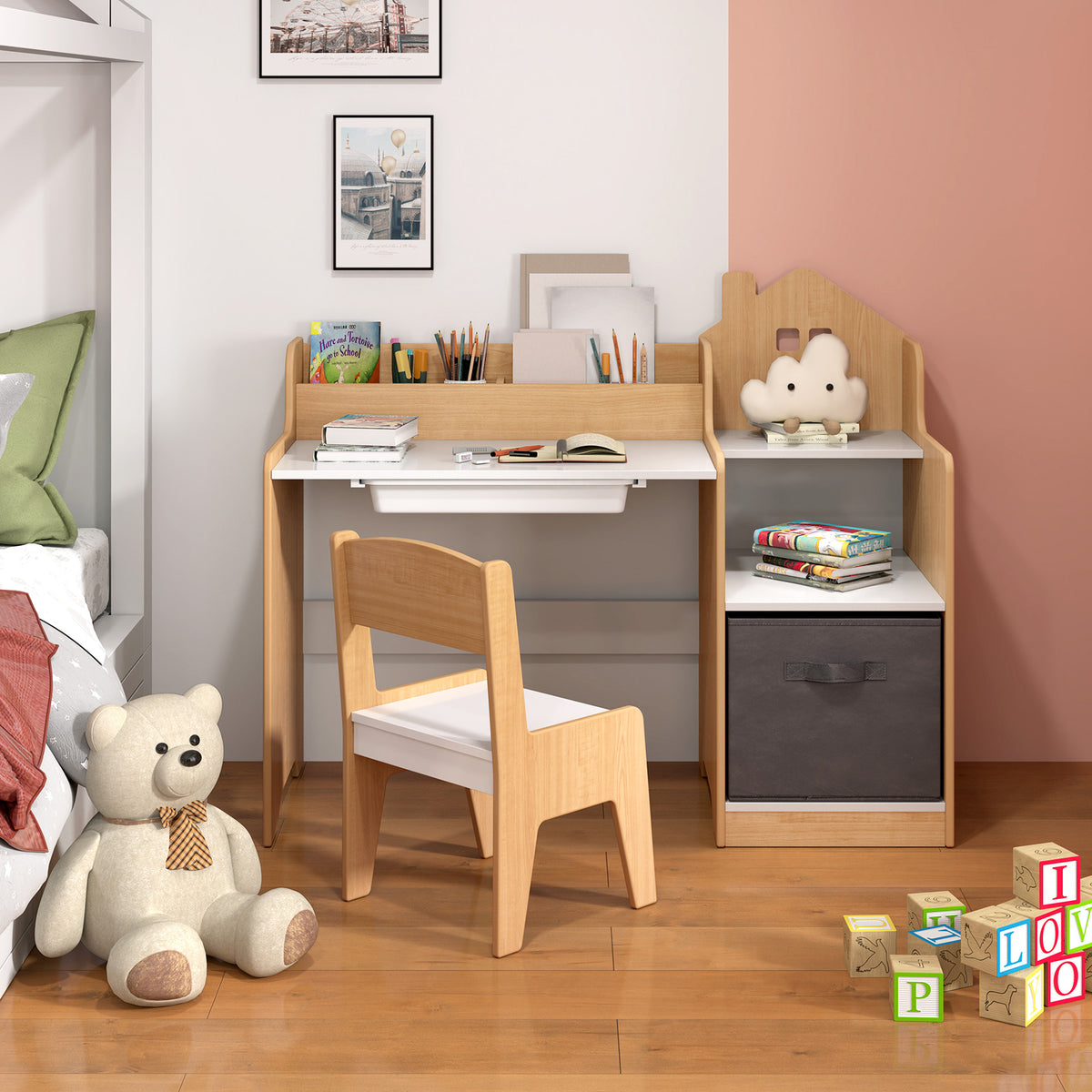 Kids Study Desk and Chair Set with Open Shelves Drawer and Fabric Bin - Gray