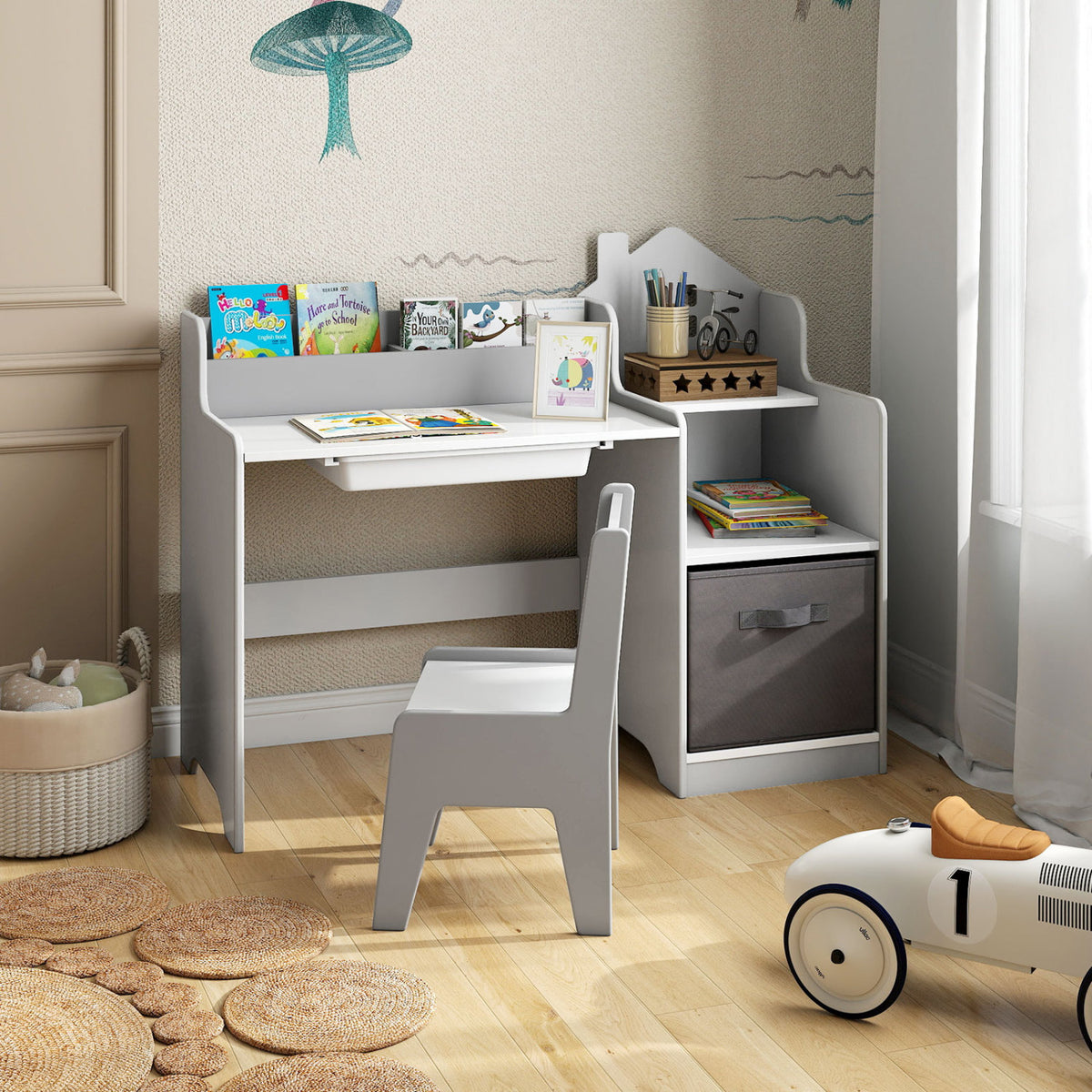 Kids Study Desk and Chair Set with Open Shelves Drawer and Fabric Bin - Gray
