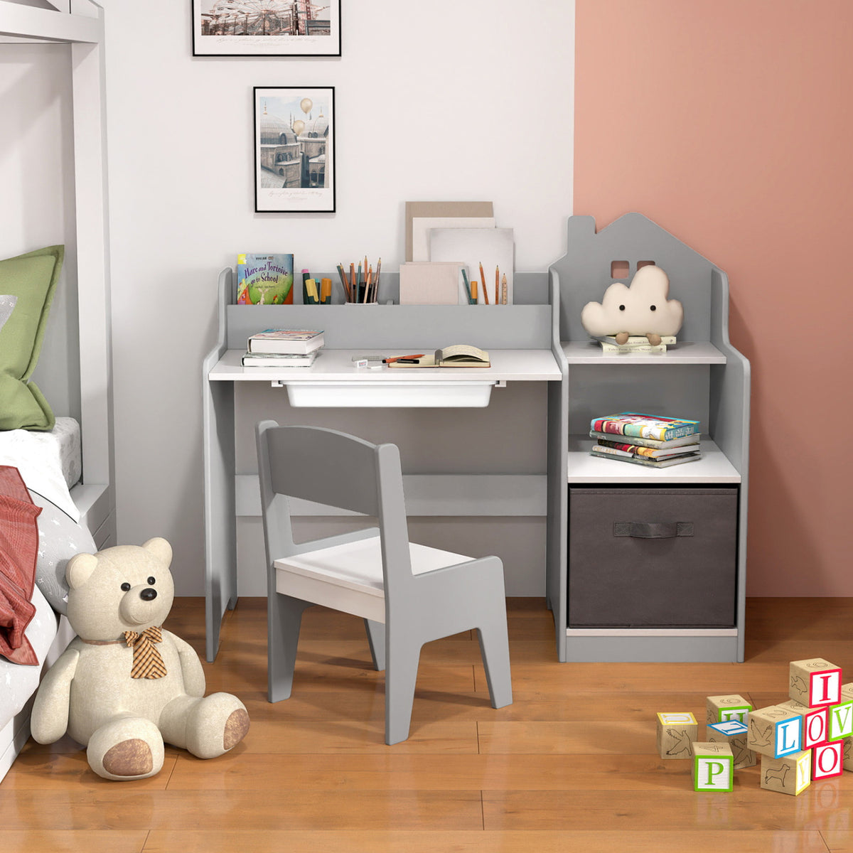 Kids Study Desk and Chair Set with Open Shelves Drawer and Fabric Bin - Gray