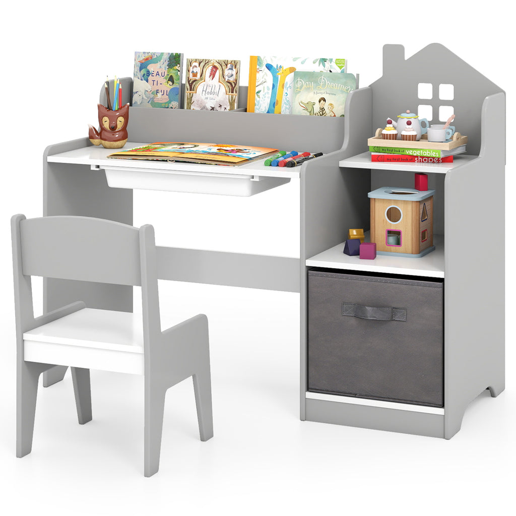 Kids Study Desk and Chair Set with Open Shelves Drawer and Fabric Bin - Gray
