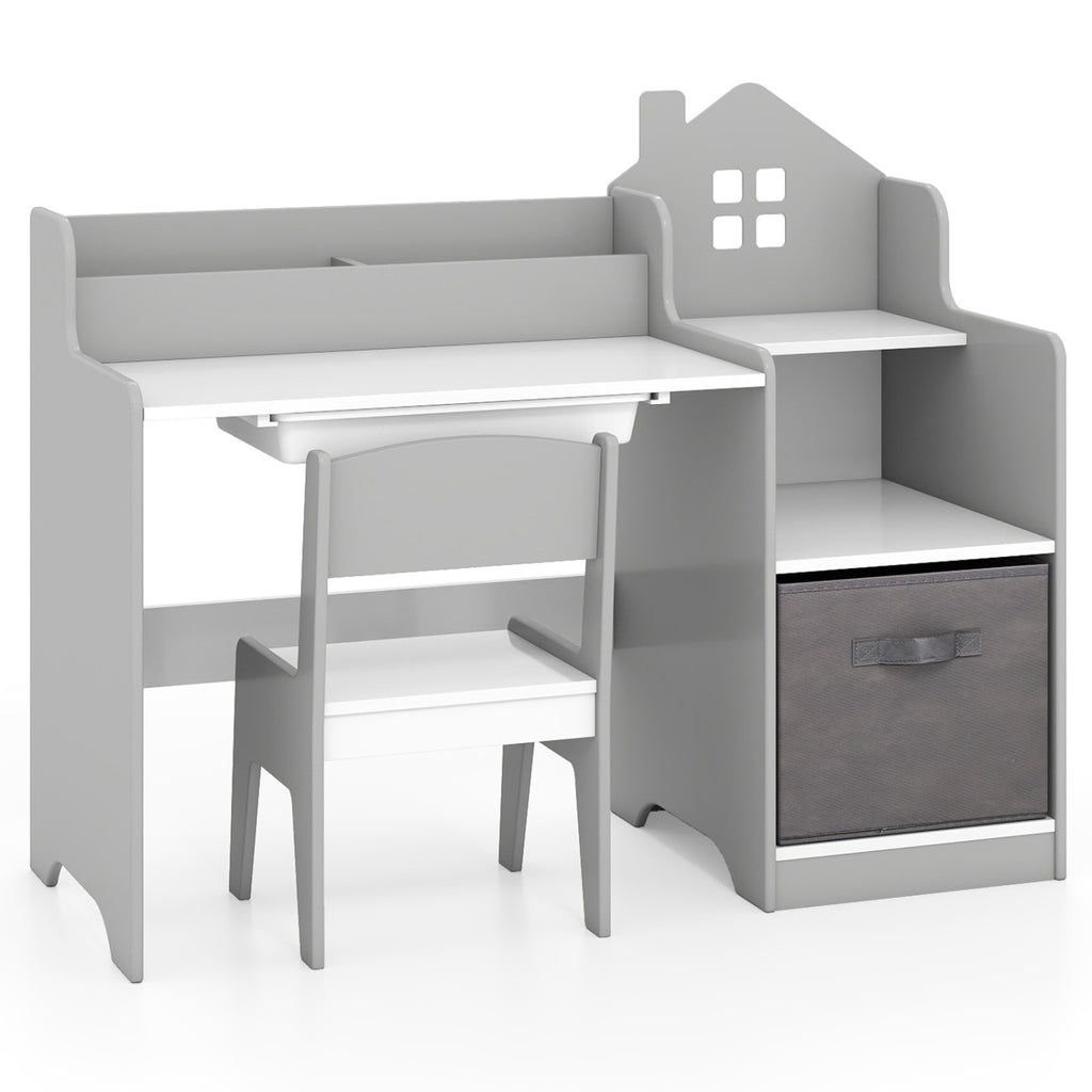 Kids Study Desk and Chair Set with Open Shelves Drawer and Fabric Bin - Gray