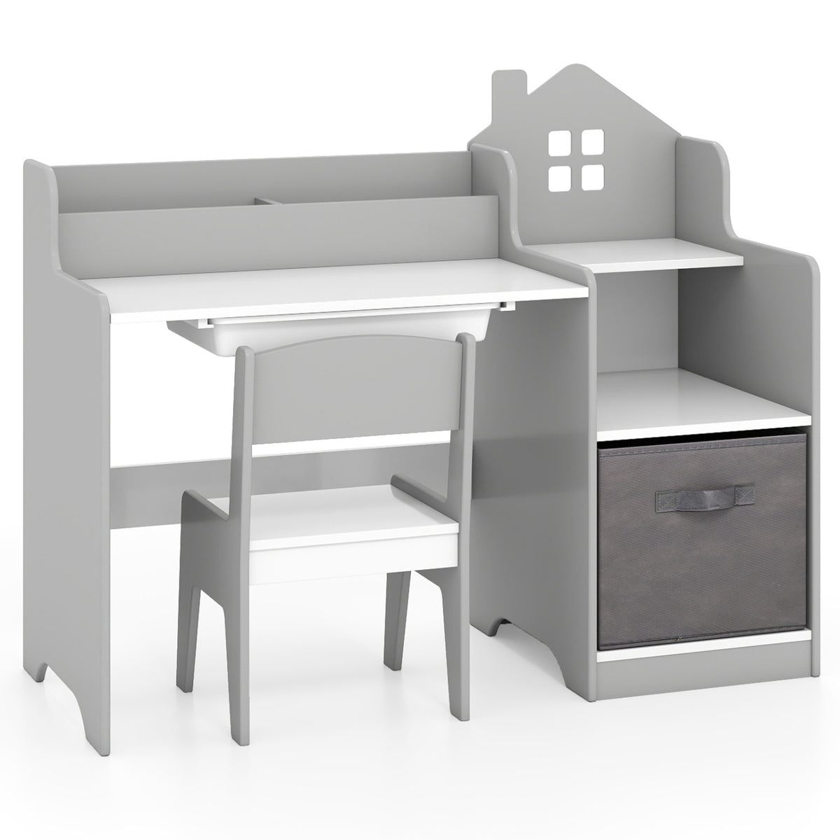 Kids Study Desk and Chair Set with Open Shelves Drawer and Fabric Bin - Gray