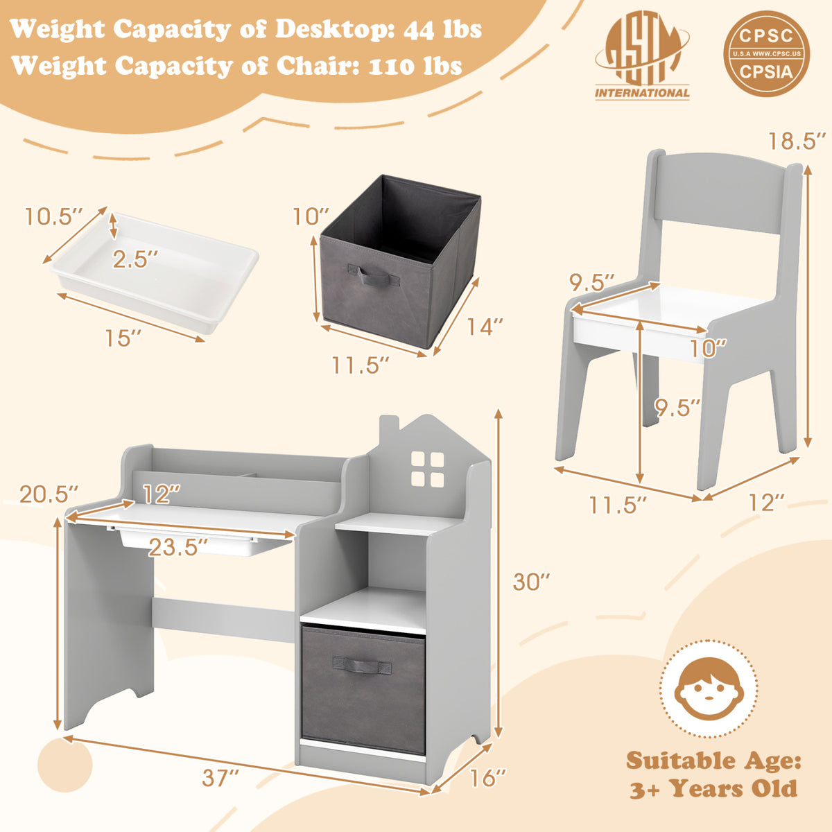 Kids Study Desk and Chair Set with Open Shelves Drawer and Fabric Bin - Gray