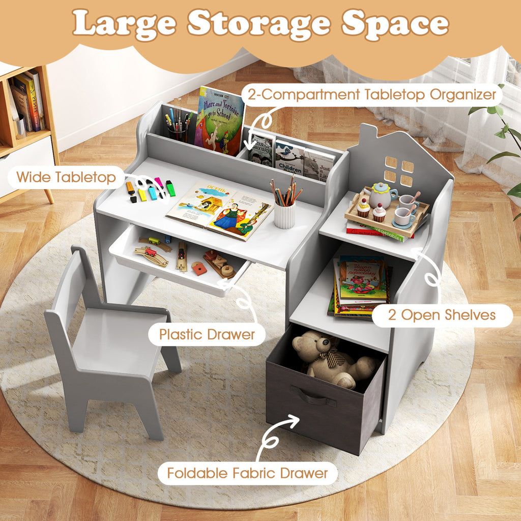 Kids Study Desk and Chair Set with Open Shelves Drawer and Fabric Bin - Gray