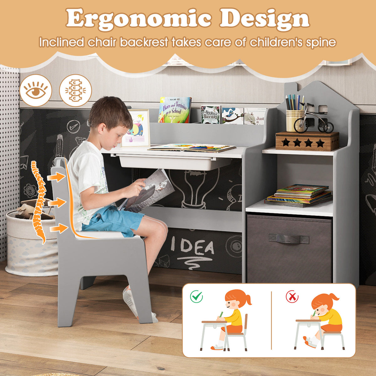 Kids Study Desk and Chair Set with Open Shelves Drawer and Fabric Bin - Gray