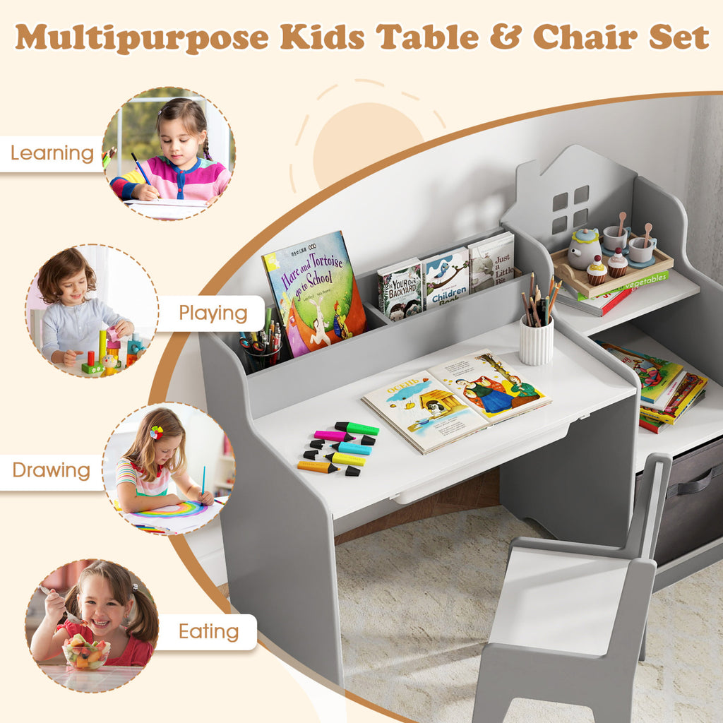 Kids Study Desk and Chair Set with Open Shelves Drawer and Fabric Bin - Gray