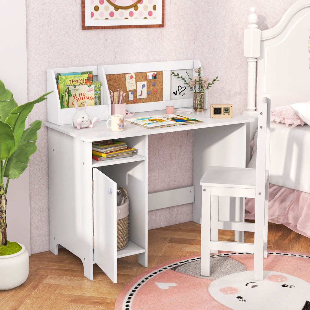 Kids Study Desk and Chair Set with Storage Cabinet and Bulletin Board - White, Variation with Storage Cabinet
