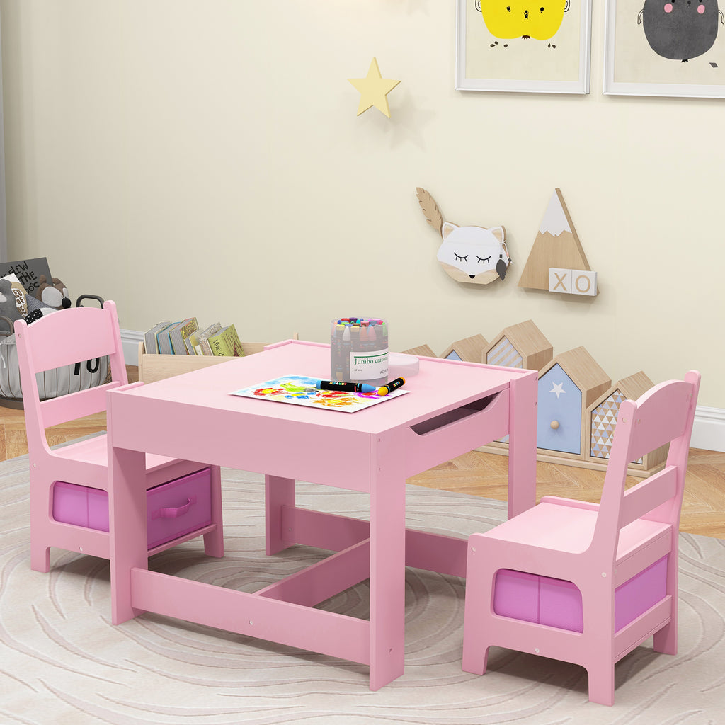 Kids Table and Chairs Set with Storage, Blackboard, Whiteboard & Pink Variation