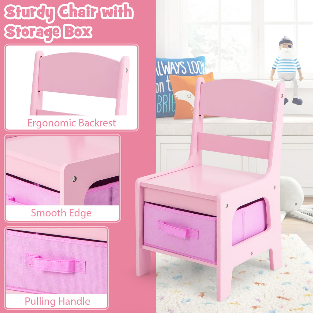 Kids Table and Chairs Set with Storage, Blackboard, Whiteboard & Pink Variation