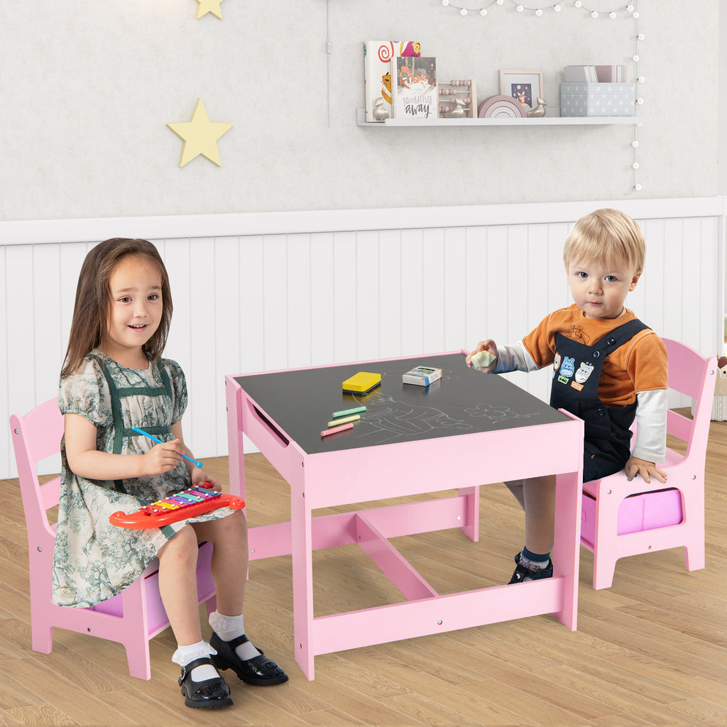 Kids Table and Chairs Set with Storage, Blackboard, Whiteboard & Pink Variation