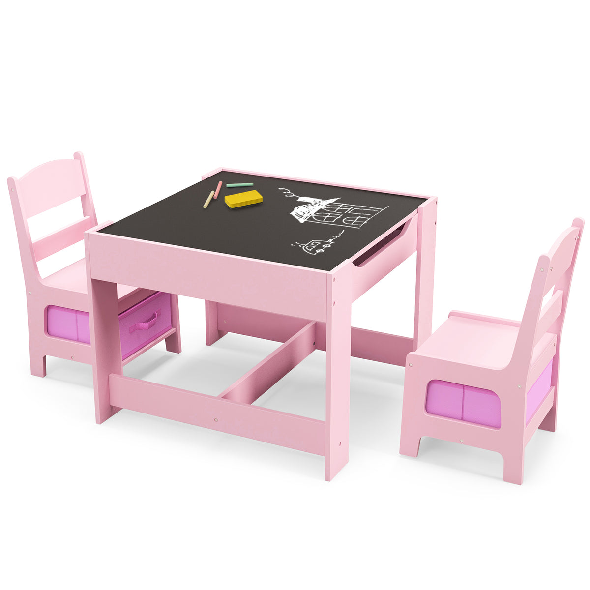 Kids Table and Chairs Set with Storage, Blackboard, Whiteboard & Pink Variation